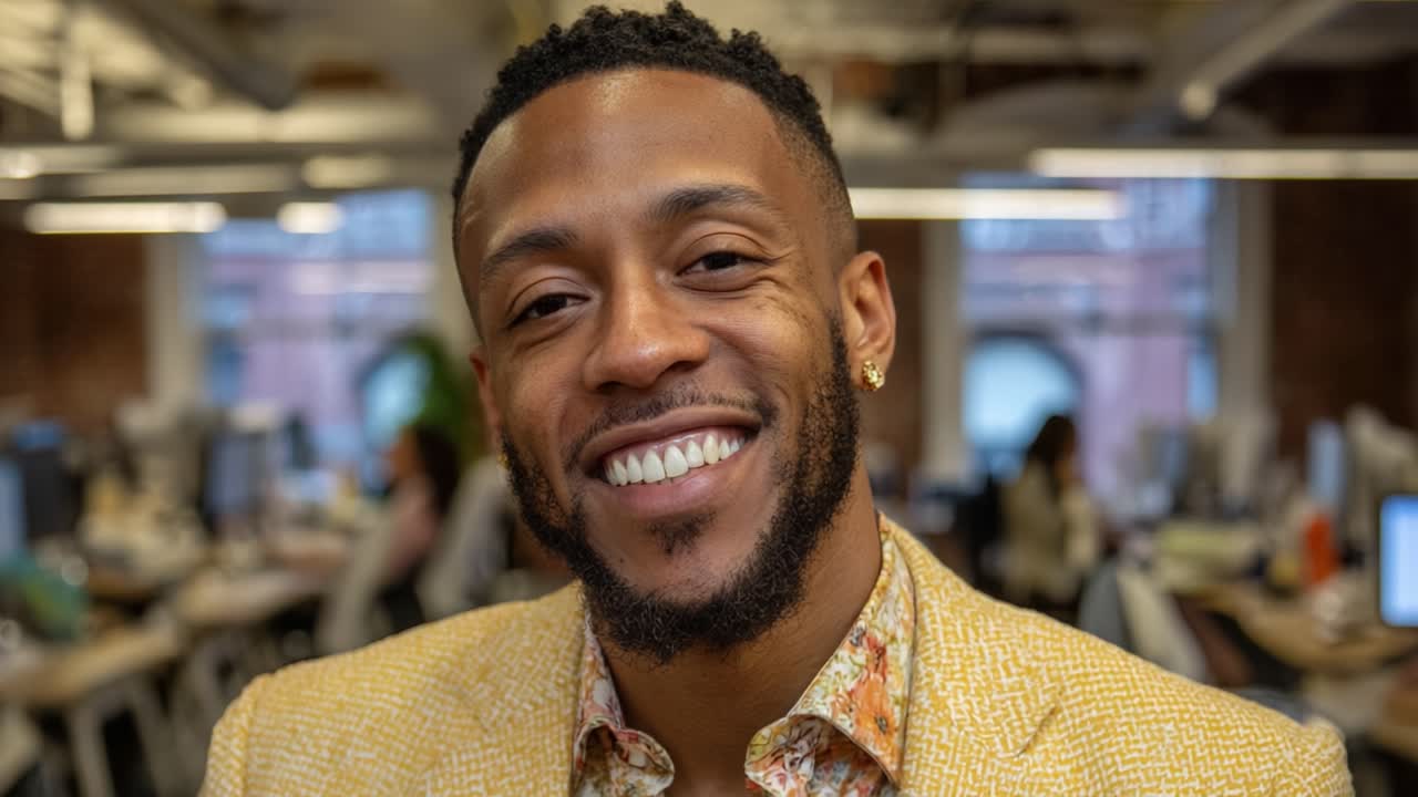 Un portrait professionnel joyeux d’un sourire dans un environnement de bureau moderne, capturant l’essence de la confiance, du style et de la positivité dans un espace de travail dynamique