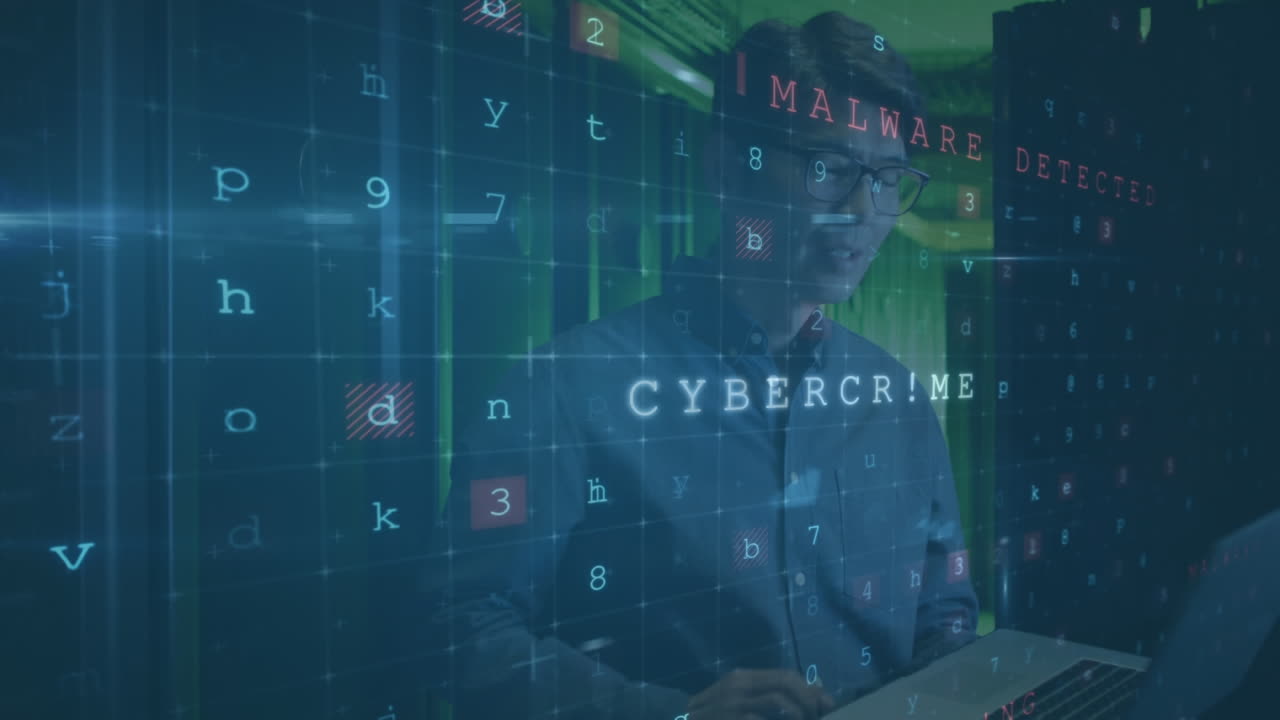 Animation of cyberattack warning over asian man in server room