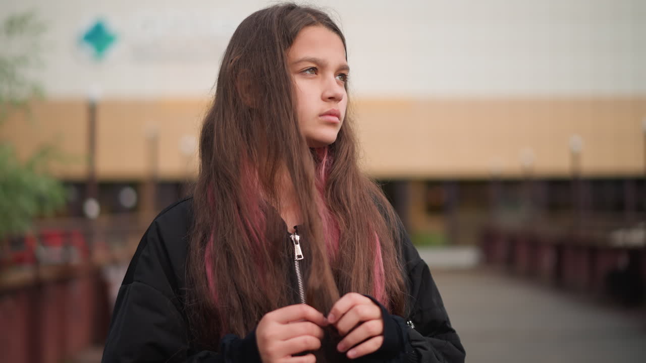 Donna riflessiva in piedi su una strada cittadina piovosa. Giovane donna contemplativa con i capelli umidi in un contesto urbano. Ragazza con i capelli umidi con punte rosa su un marciapiede cittadino piovoso che mostra un umore introspettivo.