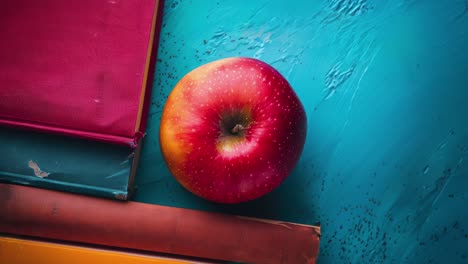 libros coloridos y manzana roja en un escritorio de madera azul