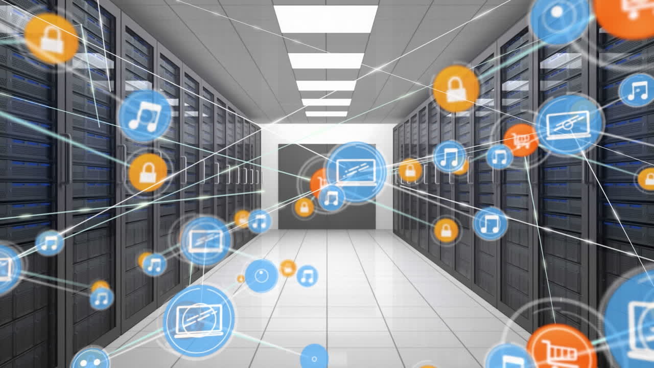 컴퓨터 서버를 통해 아이콘으로 연결 네트워크의 애니메이션