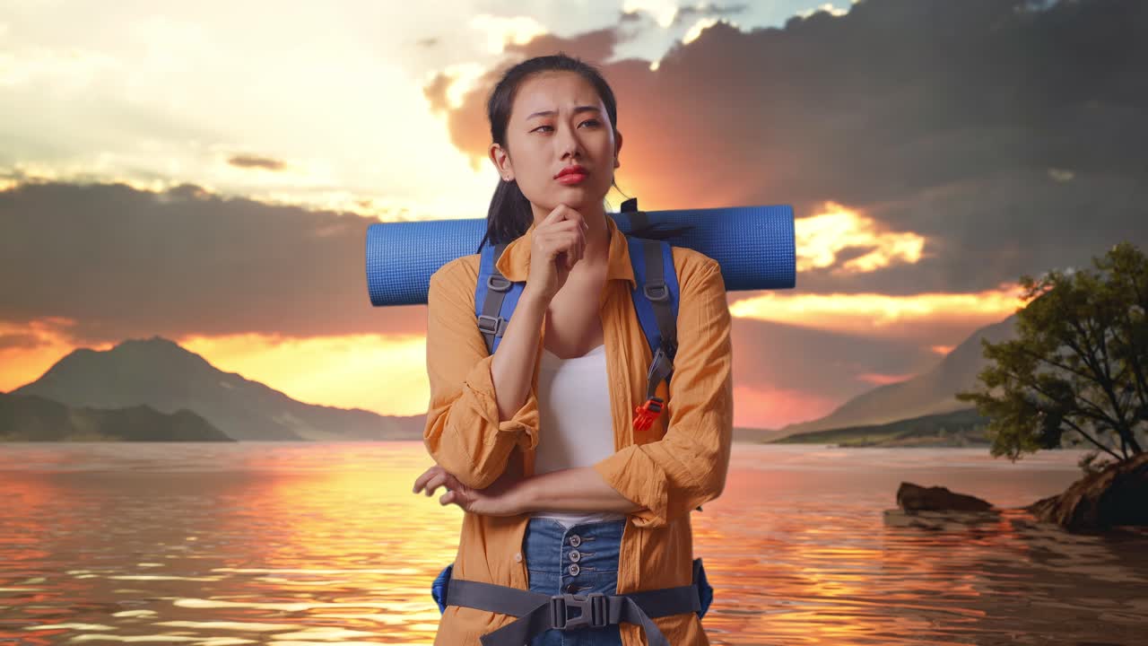 Asian Female Hiker With Mountaineering Backpack Thinking About Something And Looking Around Then Raising Her Index Finger While Standing At A Lake During Sunset Time