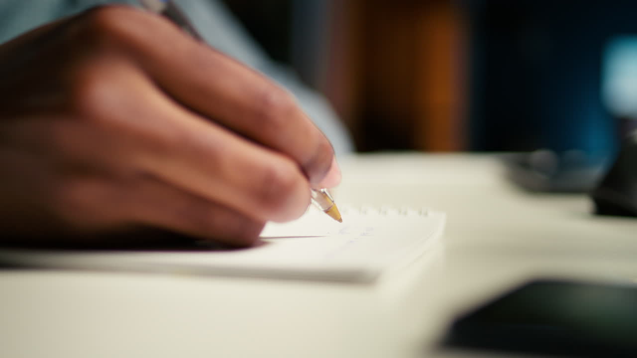 Black freelancer researching online data and writing notes for articles