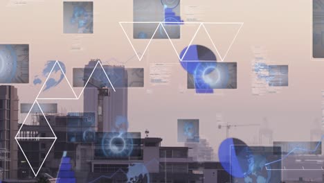 animación del procesamiento de datos y formas sobre el paisaje urbano