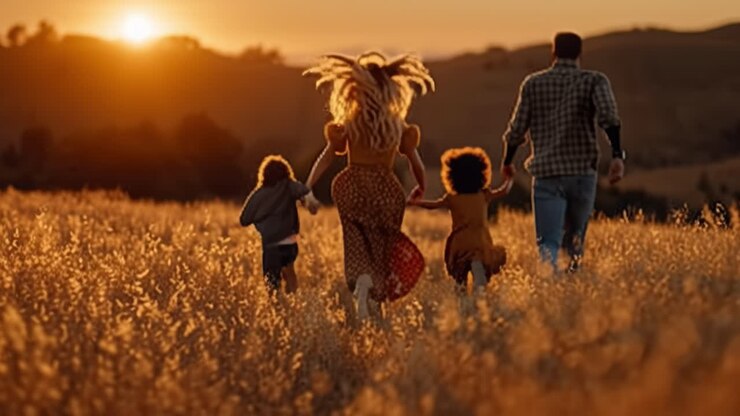 Happy family running through a field at sunset