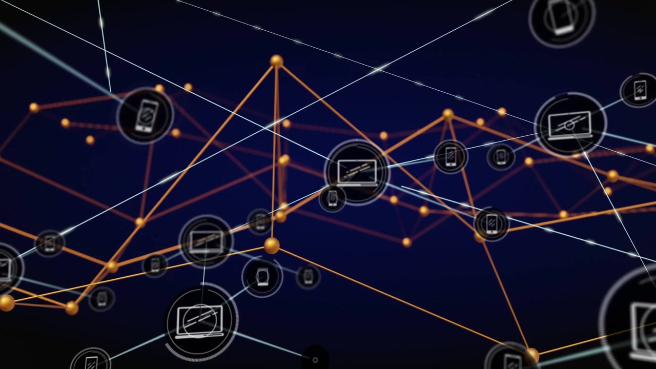 Network unfolding from single node, devices emerging, linking via beams, panning, showing data flow