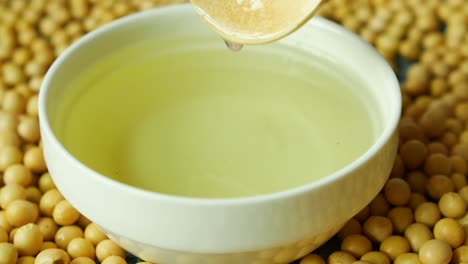 close up of raw soy bean seed oil in a container