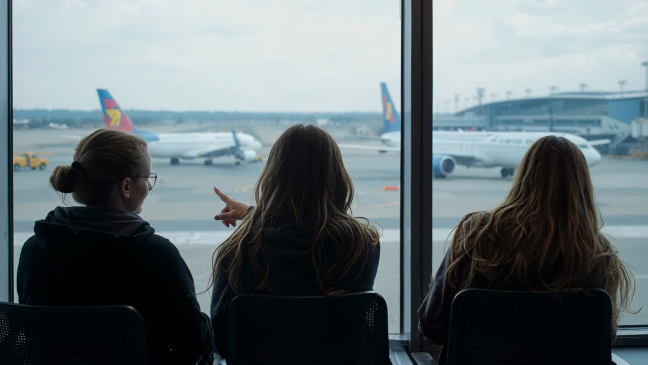 Tre kvinner i hettegensere gestikulerer ved portvinduet, og peker etter å ha sett en tydelig flyhale.