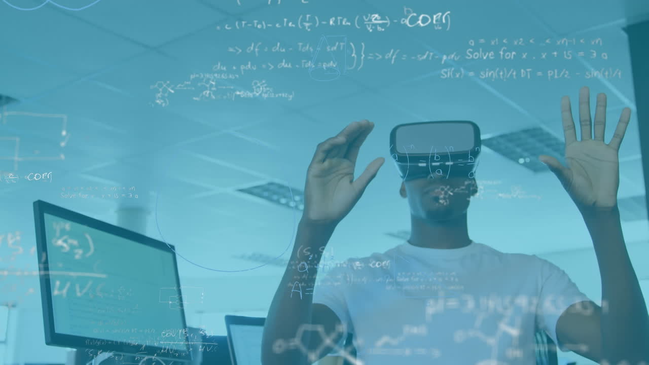 Animation of mathematical equations over african american man wearing vr headset