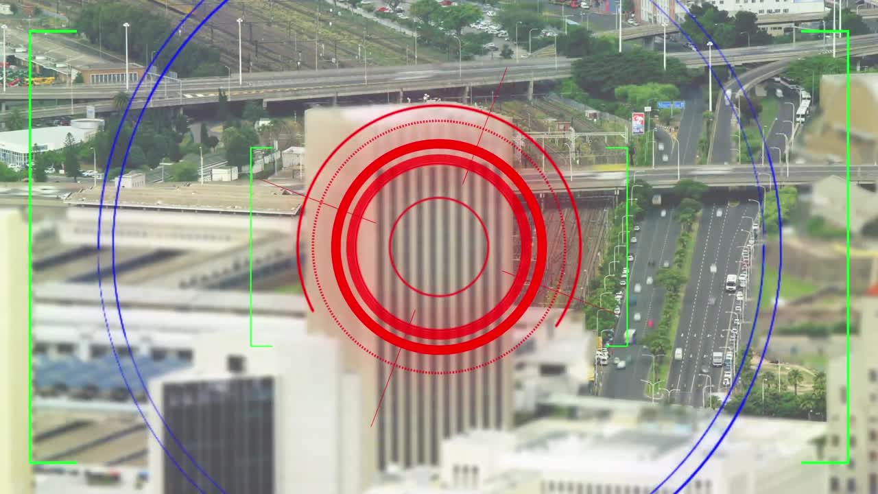 Animation of scope scanning with markers over cityscape