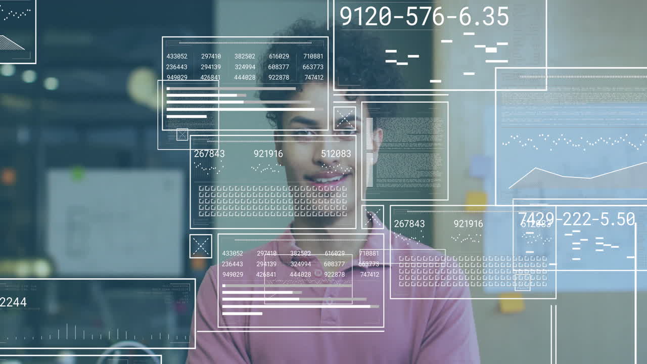 animación del procesamiento de datos financieros sobre empresario biracial en el cargo