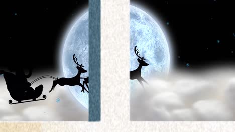 animación de paisajes de invierno de navidad y santa claus en trineo visto a través de la ventana.