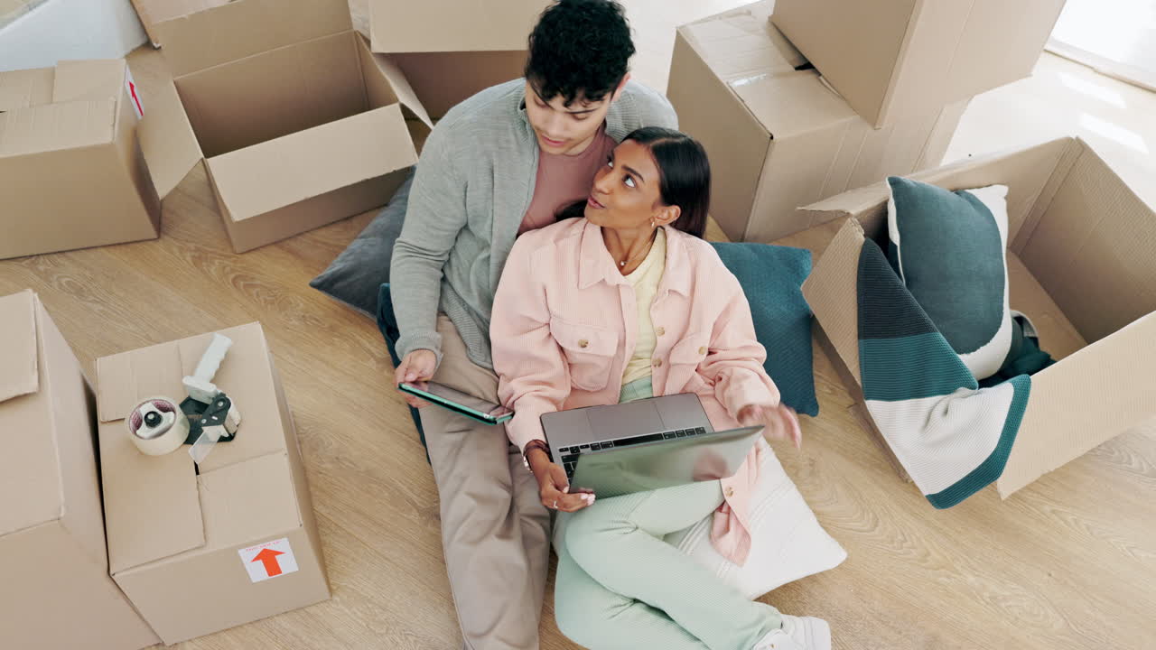 Happy couple, real estate and laptop with boxes