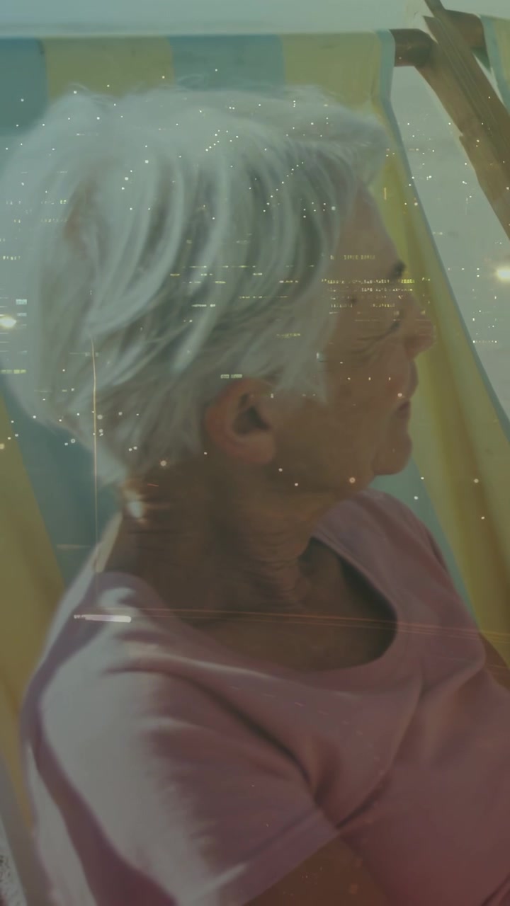 Vertical video: Senior woman turning head, hearing earbud on health call, sparkles overlaying
