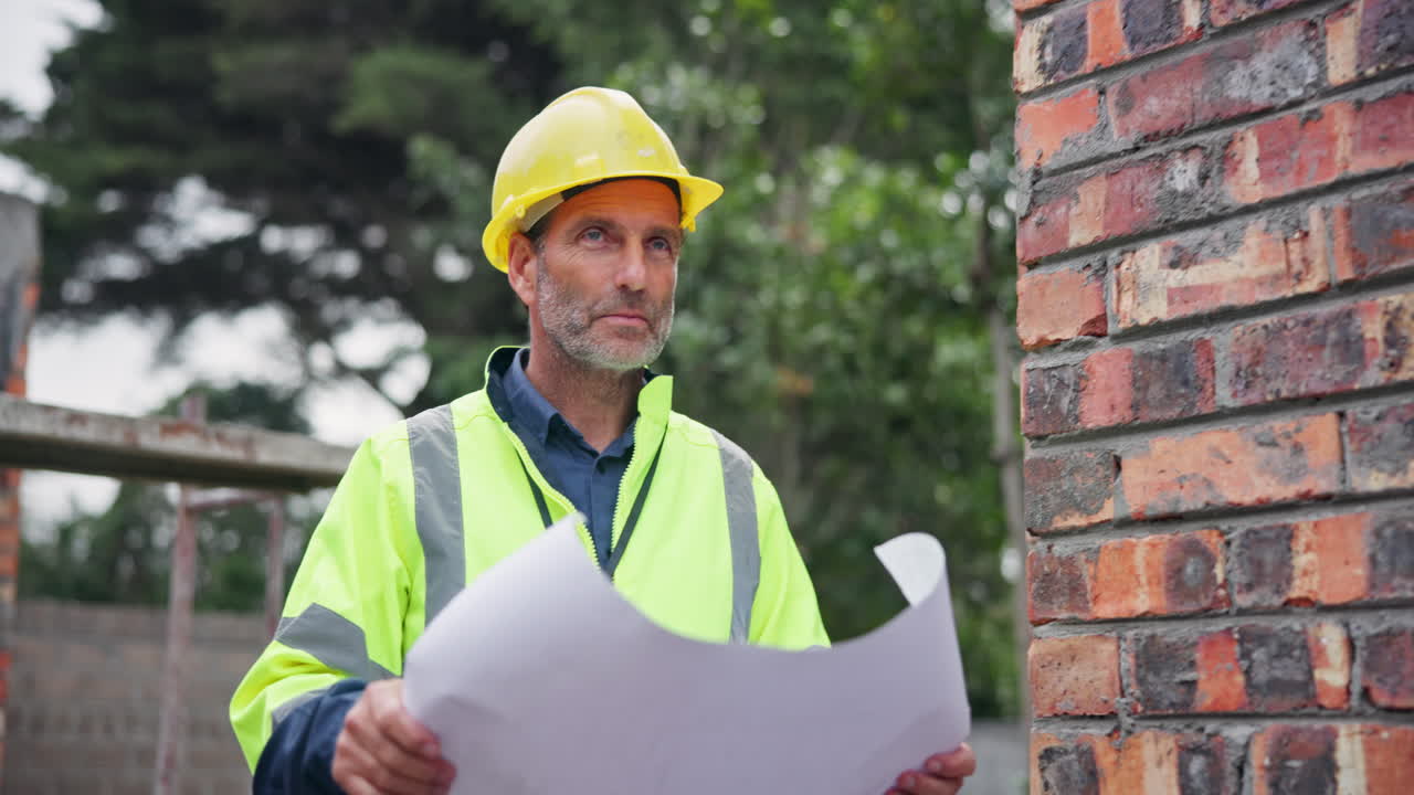 Construction worker with blueprints on construction site