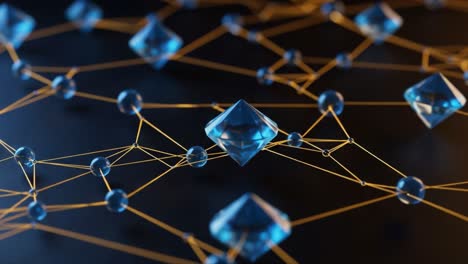 an intricate network of geometric shapes and connections, featuring a dazzling display of blue crystals and golden lines against a dark background