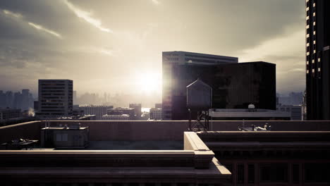 golden sunlight peeks between tall buildings in a bustling city at dusk