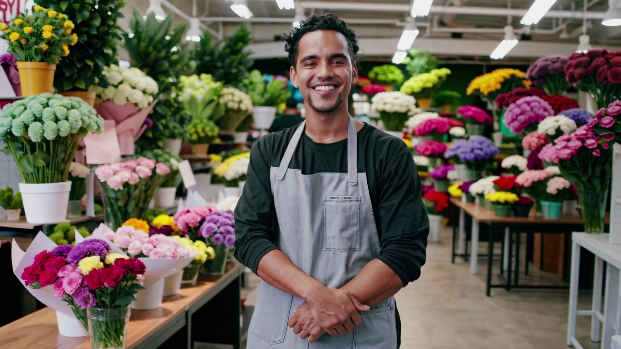 Florista Masculino Sorridente em Pé em uma Floricultura