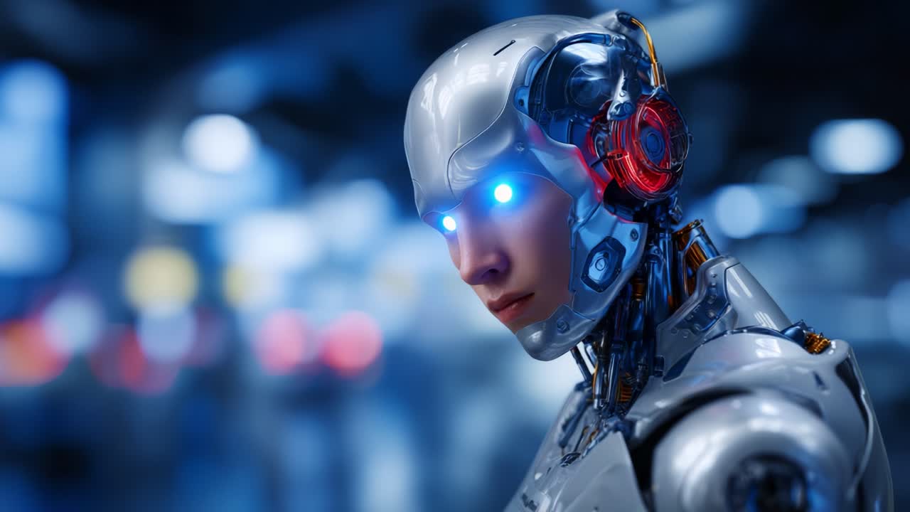 Profilo futuristico di un elegante robot argentato con caratteristiche high-tech, occhi blu intenso e ambiente dinamico e futuristico