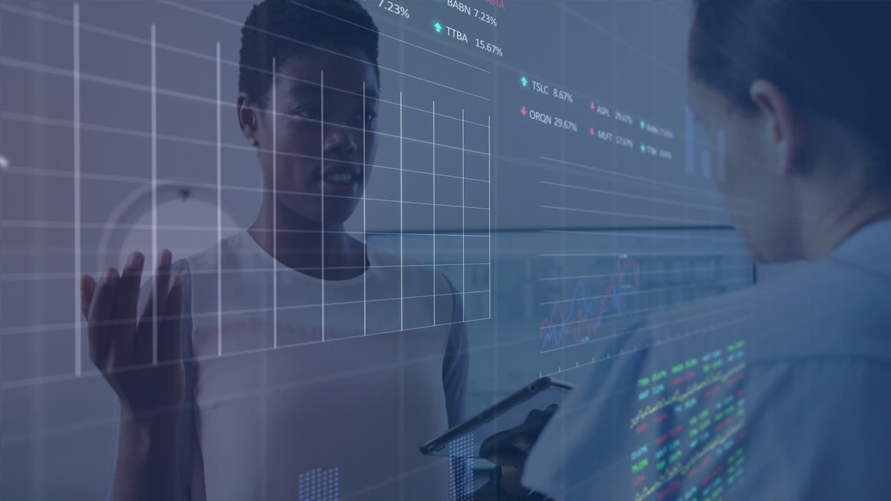 Animation of financial data processing over diverse people in office
