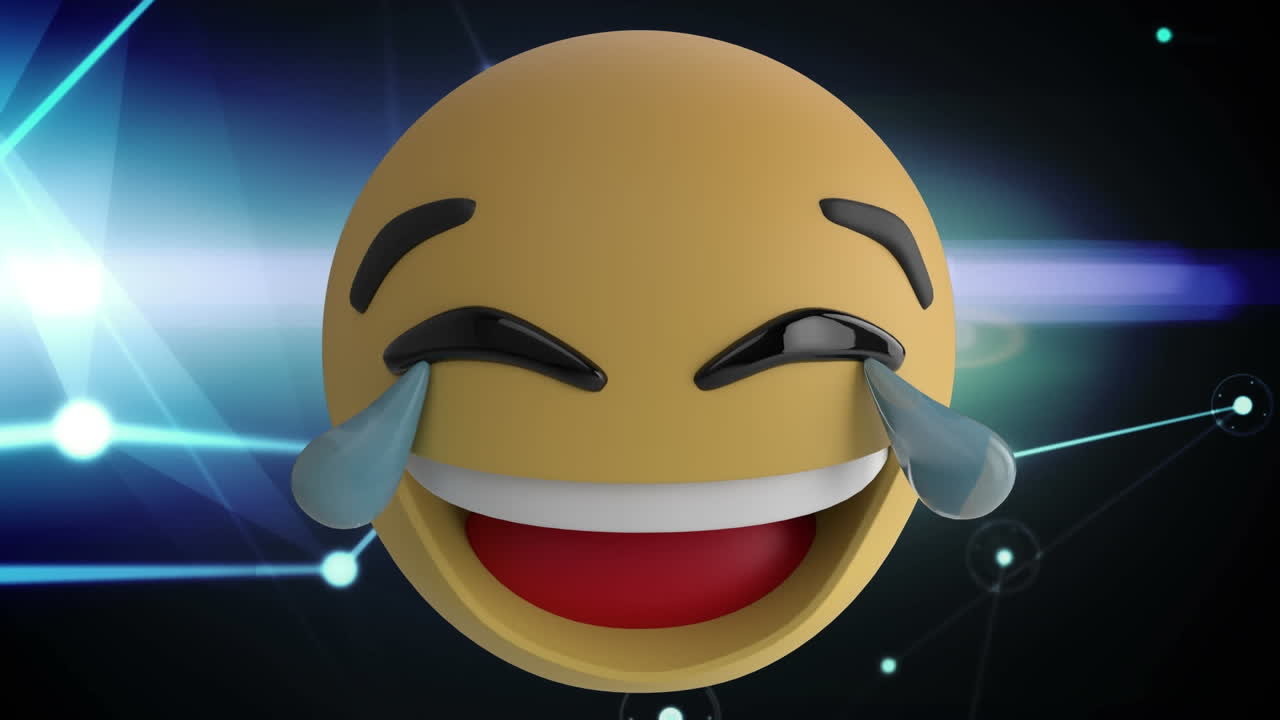Digital animation of multiple changing face emojis against network of connections on blue background