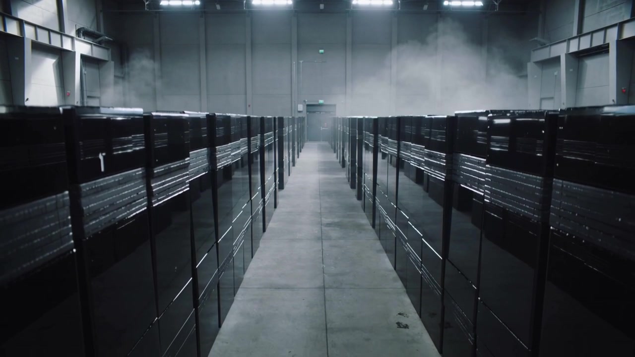 Moving camera revealing central aisle in warehouse, showing glossy black cabinets to reveal vapor