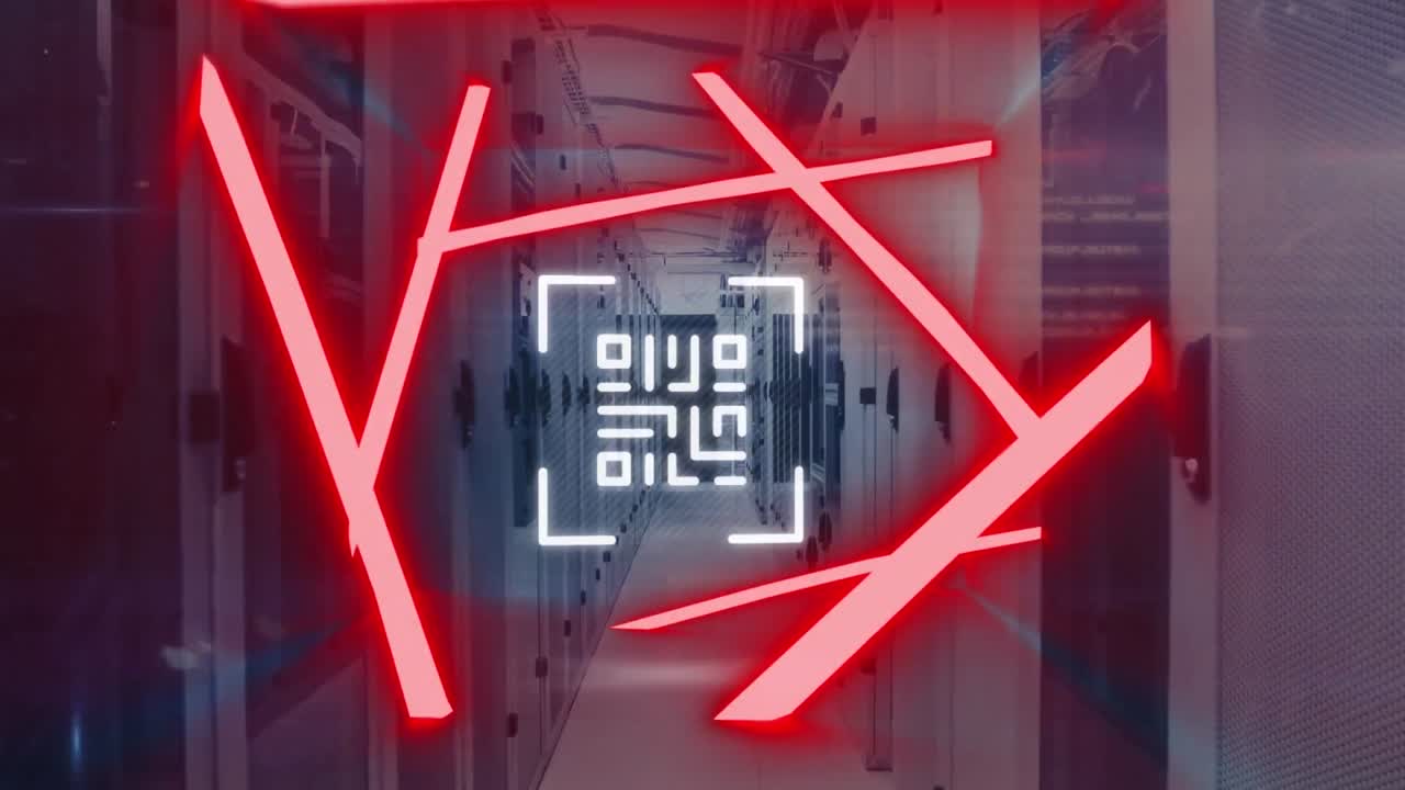 анимация неонного сканера qr-кода и обработка данных против компьютерной серверной комнаты