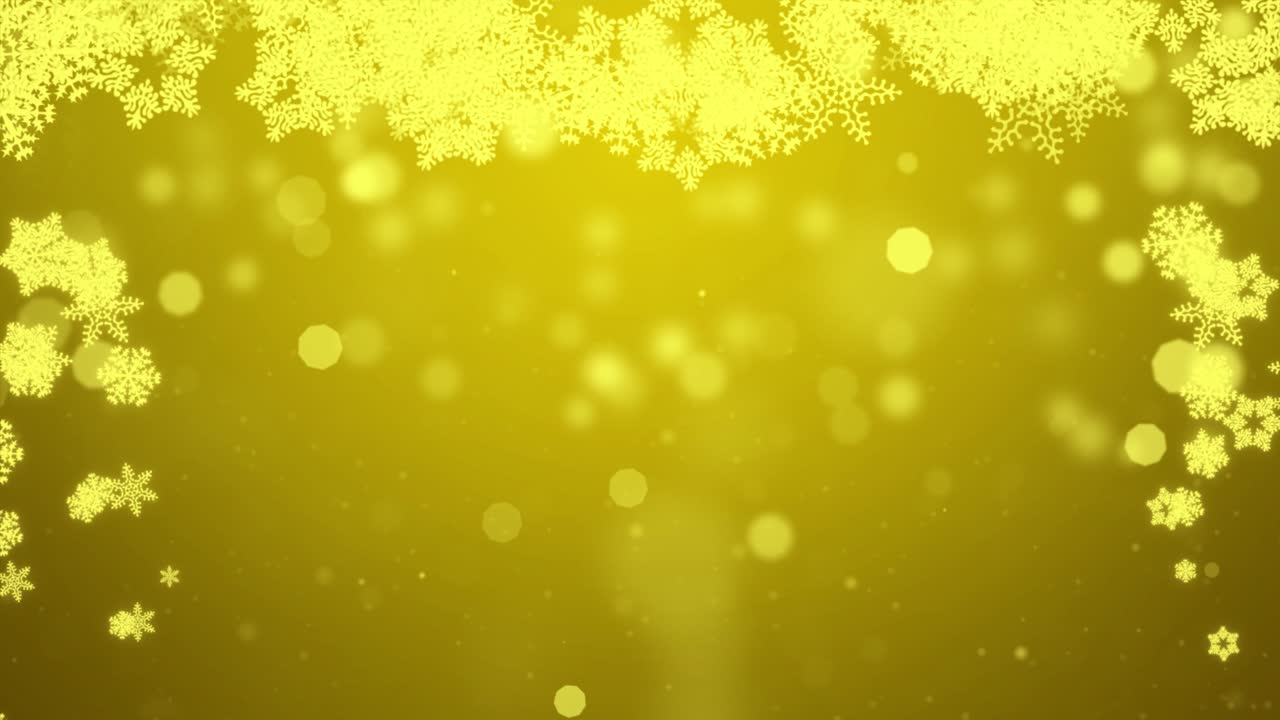 추상적이고 날카롭고 흐릿한 입자들이 황금색 눈송이 눈 루프 배경을 고 있습니다.