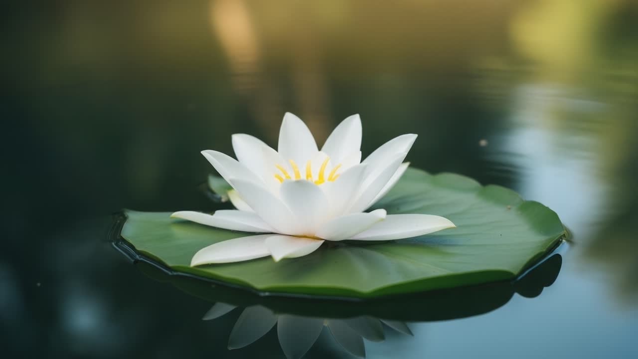 A Serene Water Lily Blooming on a Tranquil Lake Surface, Surrounded by Soft Ripples and Lush Green Leaves Reflecting Nature's Beauty