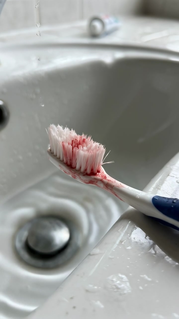 Used toothbrush with wet, smeared pink toothpaste bristles held above off-white porcelain sink while chrome faucet drips multiple small water droplets into basin