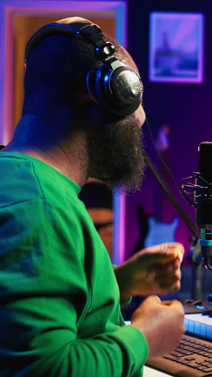 African American Man Recording Podcast in Home Studio