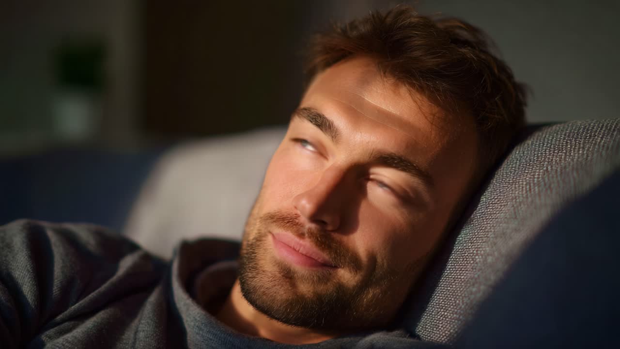 En afslappet mand nyder roen i blødt lys, hvilket skaber en behagelig atmosfære og fredfyldt refleksion i hans øjne, mens han hviler sig på en hyggelig sofa