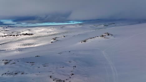 aerial panoramic landscape view of myrdalsjokull glacier covered in snow in iceland, on a cloudy evening