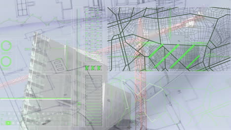 animation of interface with data processing over construction site against architectural design plan