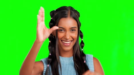 Rock,-face-and-woman-in-a-studio-with-green-screen