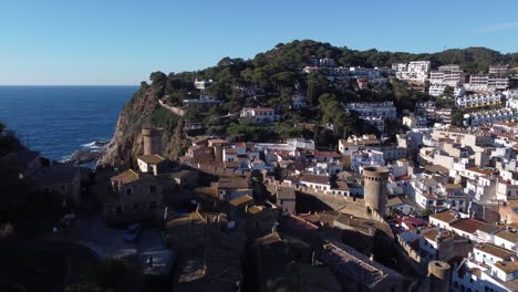 coastal town with small houses and old tower on rocky cliff