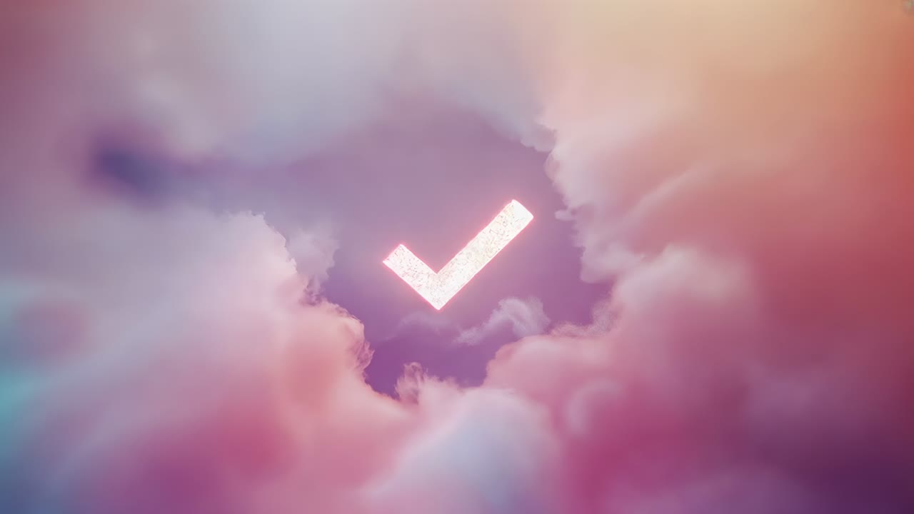 Widening pink cloud opening revealing white check forming pink neon square, confirming success