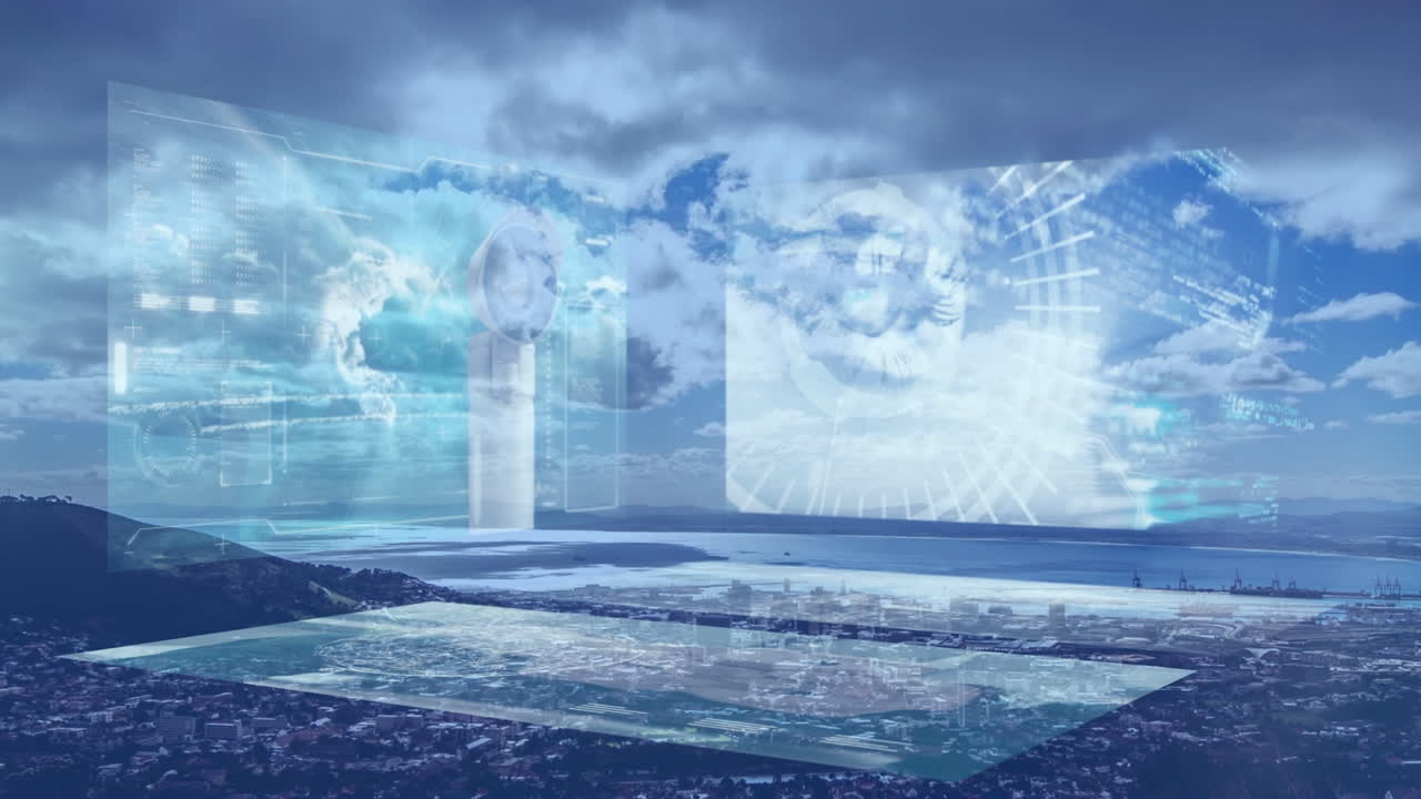 도시 풍경 위의 화면에서 다양한 데이터의 애니메이션