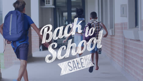 animación del texto de regreso a la escuela sobre escolares diversos y felices en la escuela