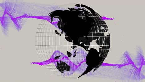 Animation-of-violet-waves-over-rotating-globe-on-beige-background