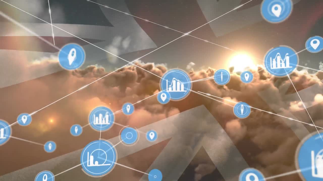 영국과 하늘의  ⁇ 발 위의 아이콘과 연결 네트워크의 애니메이션