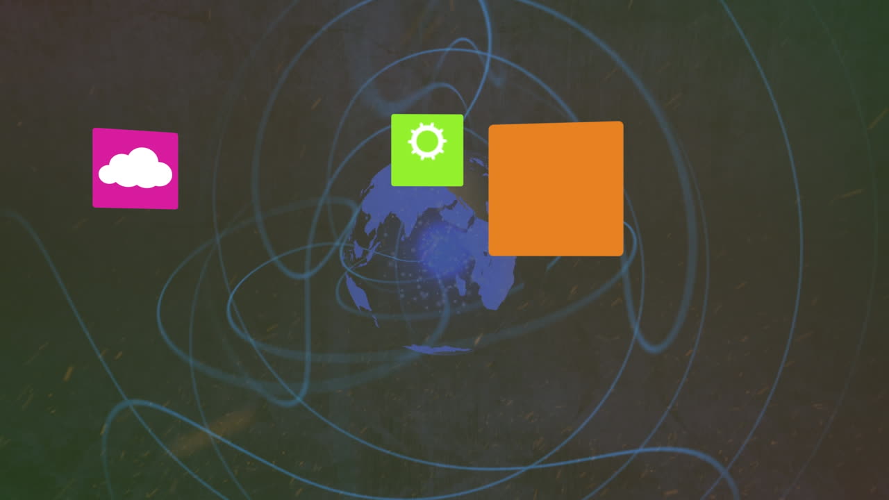 Animation of icons over rotating globe and lines on black background