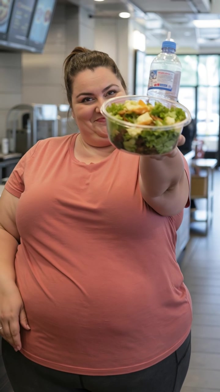 Donna taglia forte che sceglie un'insalata salutare invece delle patatine fritte a un moderno bancone di fast food