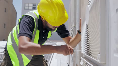 Air-conditioning,-roof-and-technician-man-repair