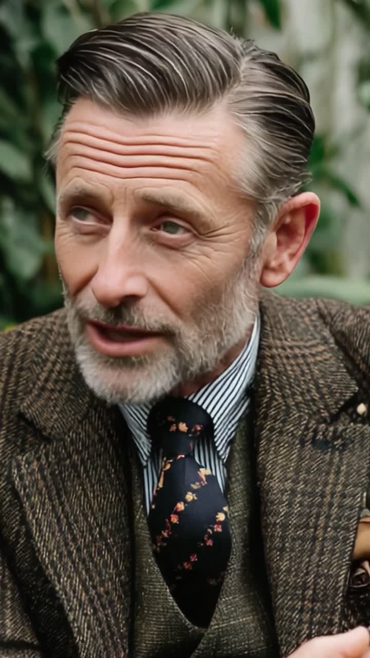 En fornem mand i et stilfuldt vintagesæt, der udstråler klassisk elegance og raffinement i rolige udendørs omgivelser, med fokus på ansigtsudtryk og charme.