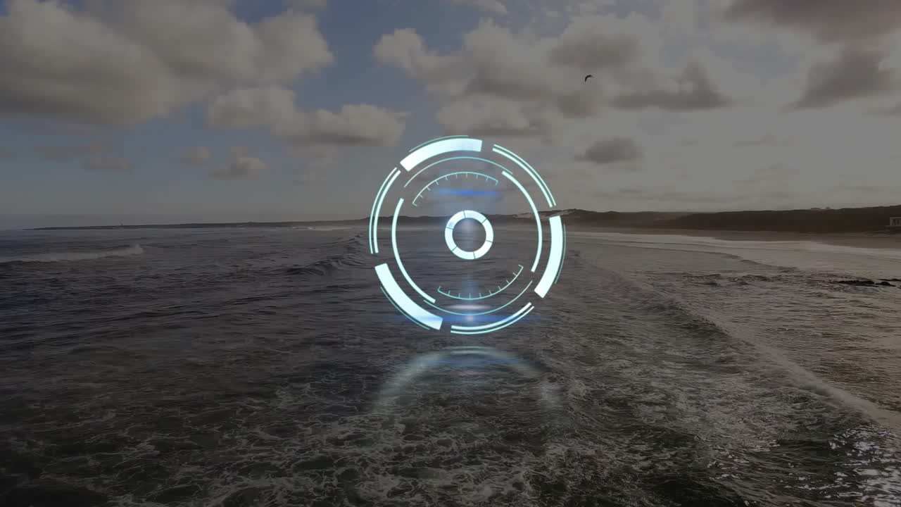 Ocean waves and cloudy sky with digital interface animation overlaying scene