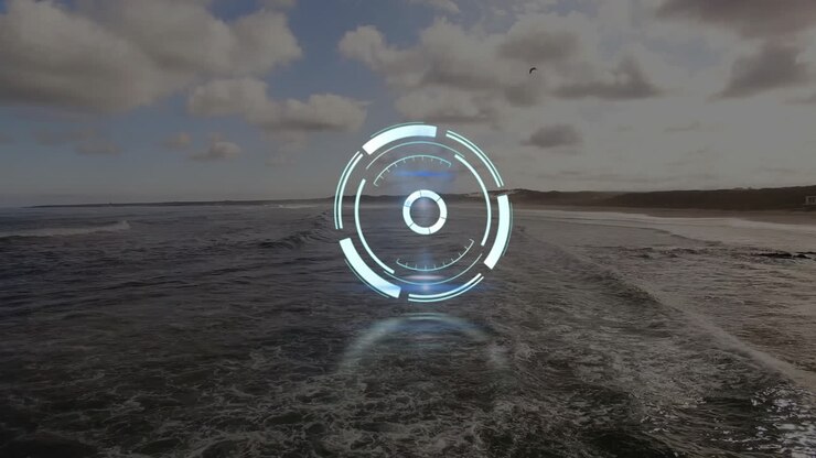Ocean waves and cloudy sky with digital interface animation overlaying scene