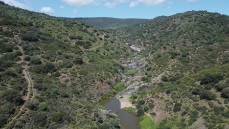 aerial drone footage flying over mountains looking down at a river