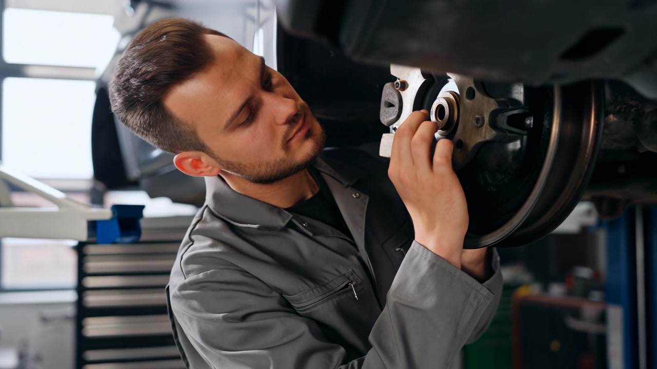 Uma vista aproximada mostra um homem manipulando cuidadosamente peças ao redor do cubo da roda exposto e do conjunto do freio, com o veículo levantado acima e equipamentos de oficina suavemente visíveis atrás dele.