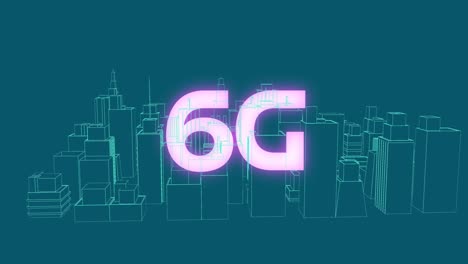 animación de texto brillante de 6g sobre un modelo de ciudad en 3d girando sobre un fondo azul